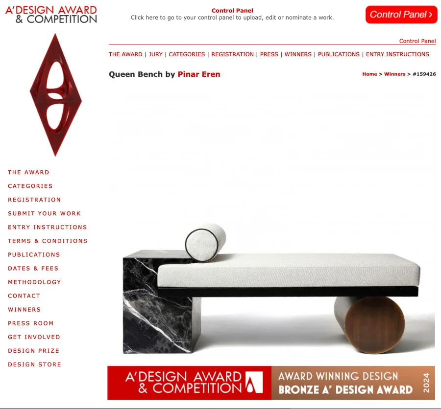 Queen Bench by Pinar Eren is Winner in Furniture Design Category, 2023 - 2024.